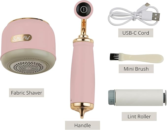 SALAV® Retro Edition 2-in-1 Rechargeable Fabric Shaver and Lint Roller, 6-Blade System, Removes Fuzz and Pilling on Fabrics, Includes Charging Cable (Rose)