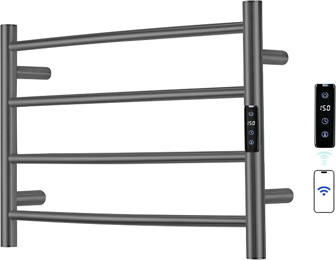 Electric Towel Rack with Voice Control for Alexa & Google Home,TUYA - Wall-Mounted Bathroom Heating Towel Warmer,Plug-in,Stainless Steel Material,16.54x23.62x5.51 in,Gunmetal Grey,4 Bars