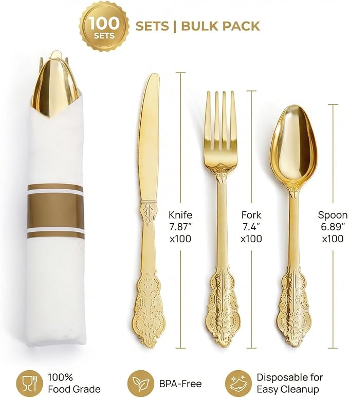 Liacere 400PCS Gold Plastic Silverware - Pre Rolled Napkins Disposable Gold Plastic Cutlery-Premium Quality Utensils-Includes 100Forks,100Knives,100Spoons,100 Napkins & Birthday Party &Events