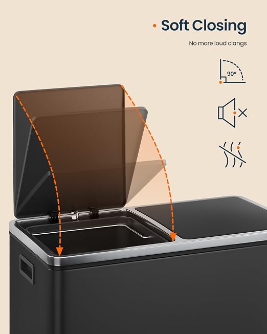 SONGMICS HOME Trash Can with 2 Compartments for Kitchen, Garbage Can with 15 Trash Bags, Black
