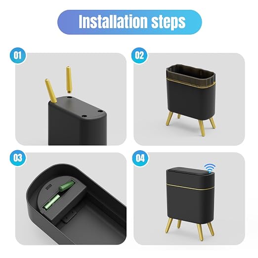 Yatmung 2 Pack - Automatic Bathroom Trash Can with Lid 2.5 Gal Smart Bathroom Trash Can Automatic Touchless - Bedroom, Office, Kitchen, Living Room - Motion Sensor Garbage Can - Black with Gold Legs