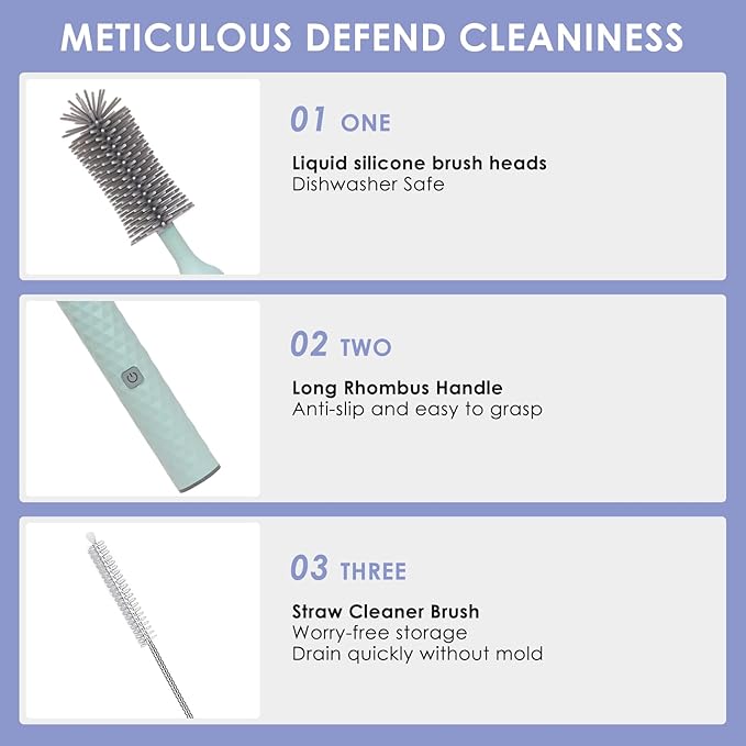 Electric Baby Bottle Brush Set with Electric Bottle Brush and Silicone Bottle/Nipple Brush, Long Straw Cleaner, Rechargeable Bottle Cleaner Electric,Waterproof Water Bottle Cleaner,Blue