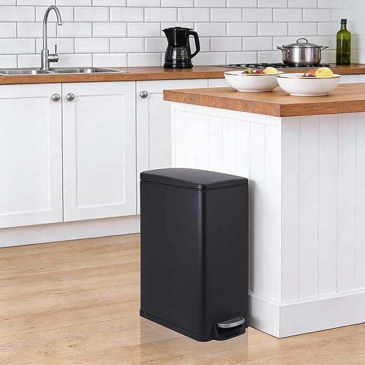 Garvee Slim Trash Can with Lid, 12 Gal (45 L) Stainless Steel Kitchen Garbage Can with Inner Bucket and Step On Foot Pedal, Narrow Metal Trash Bin, Black