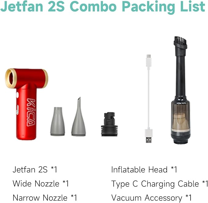 KiCA JetFan 2S Combo Compressed AirCan Substitute,117000RPM Air Duster Electric Blower for ComputerKeyboard Cleaning,Hair Drying,Camping,Outdoors,Car,Barbershop,Handmade,Rechargable,Metal Body,Red