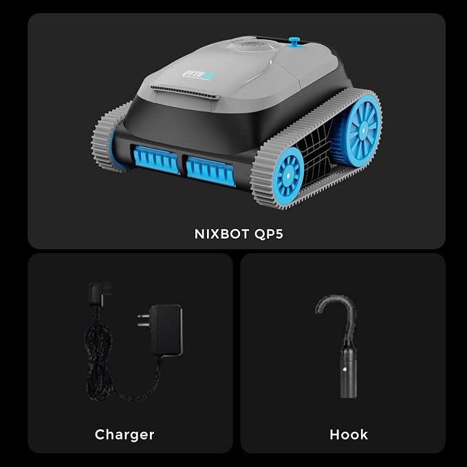 NIXBOT QP5 Robotic Pool Cleaner, Cordless Pool Vacuum for Inground Pools, Dual-Motor Turbine System, Robotic Pool Vacuum for Above Ground Pools with Wall Climing and Navigation Technology