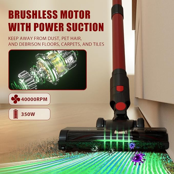 Cordless Vacuum Cleaner, Home Lightweight Cleaner with LED Display, 3 Modes 6 in 1 Stick Vacuum House Rechargeable of 45Min Detachable Battery Self-Standing Cleaner Floor Carpet Pet Hair