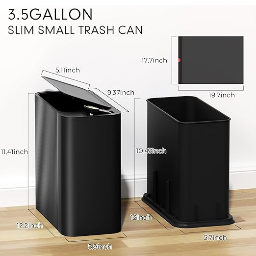 Bathroom Trash Can with Lid 13 Liter/ 3.5 Gallon Black Trash Can with Pop-Up Lid Bedroom Trash Can Small Garbage Can with 150 Counts Trash Bags for Small Bathroom Bedroom Office