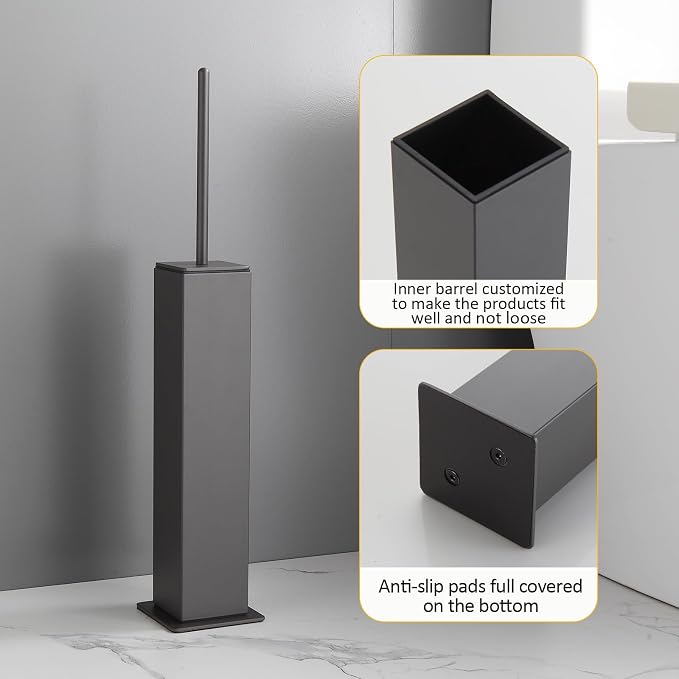 Toilet Brush and Holder Floor Standing, Gun Gray with 2 Replaceable Heads, Bathroom Toilet Brush, Freestanding Toilet Bowl Brush with Removable Liner and Splash Guard, Modern Square Design