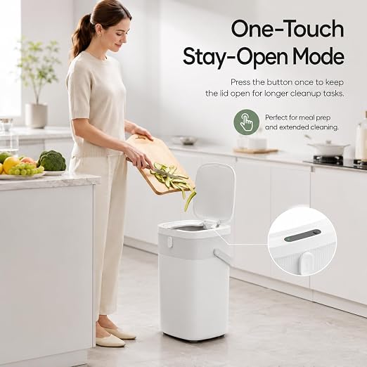 WM-DZT-12-36S Smart Motion Sensor Trash Can, Ultra-Quiet Soft-Close | Long Battery Life | Built-in Bag Storage & Portable PU Handle (White)