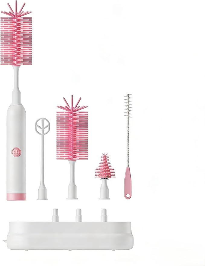 Rechargeable Electric Bottle Brush with Stand - 360° Spin Silicone Cleaner for Baby Bottles, Breast Pumps & Small Household Containers (Pink)