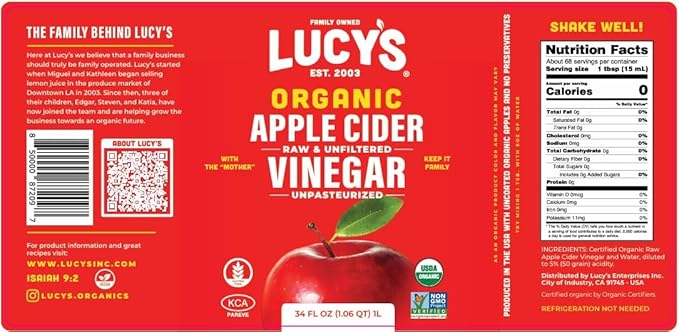 Lucy's Family Owned - 34oz. GLASS BOTTLE (2 PACK) Organic, With the Mother, Apple Cider Vinegar, Unfiltered, Unpasteurized, Raw, and NonGMO