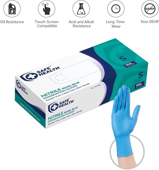 Safe Health Nitrile Exam Gloves – 4 mil, Latex-Free, Powder-Free, Disposable, Blue, Medical Grade, Food, Cleaning Use