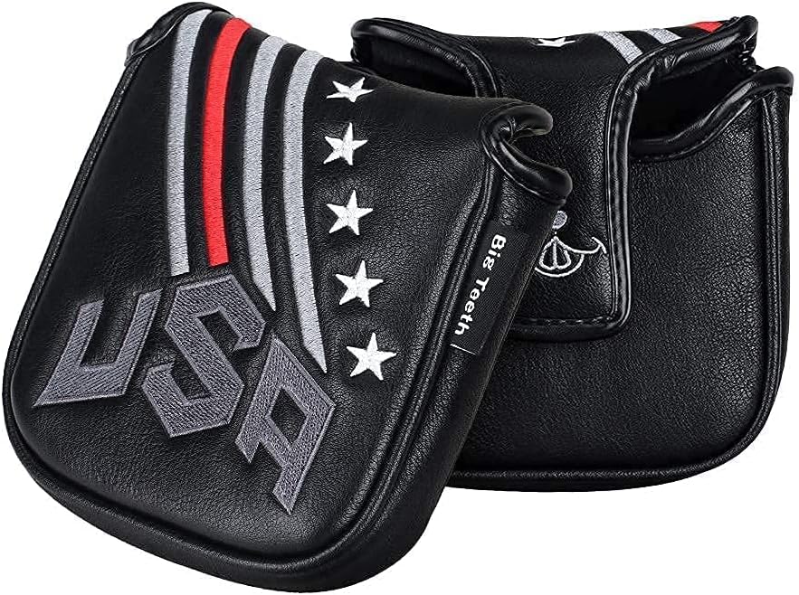 Big Teeth Golf Cover USA Stripe and Star Headcover Covers, Driver Fairway Wood Hybrid Headcovers Fits Blade Mallet Putter Iron and Woods with Magnetic Club Protector Pu Leather Golf Accessories