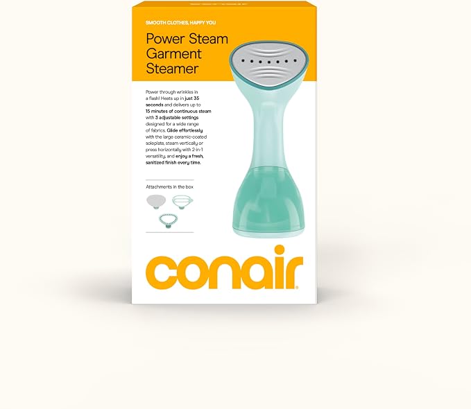 Conair Power Steam Garment Steamer, Clothes Steamer Handheld with Ceramic Soleplate, Clothing Steamer, 35-Second Heat-Up, 15-Minute Steam, Fabric Attachments, Mint Green