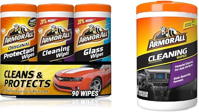 Armor All Protectant, Glass and Cleaning Wipes Variety Pack with Car Cleaning Wipes for Interior and Exterior (90 Count)