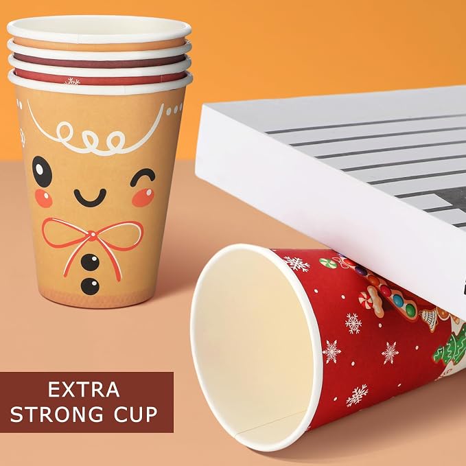 Gerrii 100 Set Christmas Paper Cups Disposable 12 oz with Lids Hot Chocolate Cups Coffee Cups Holiday Hot Cups for Hot and Cold Drinks Tea Water Bar Supplies Winter Season (Gingerbread Man Style)