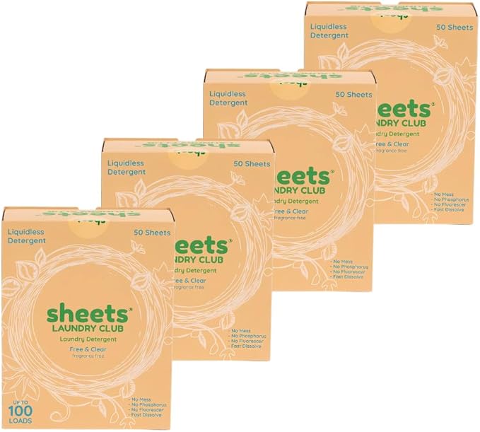 Sheets Laundry Club Laundry Detergent Sheets Free & Clear, 4-Pack, Fragrance-Free, Hypoallergenic, Eco-Friendly Laundry Soap