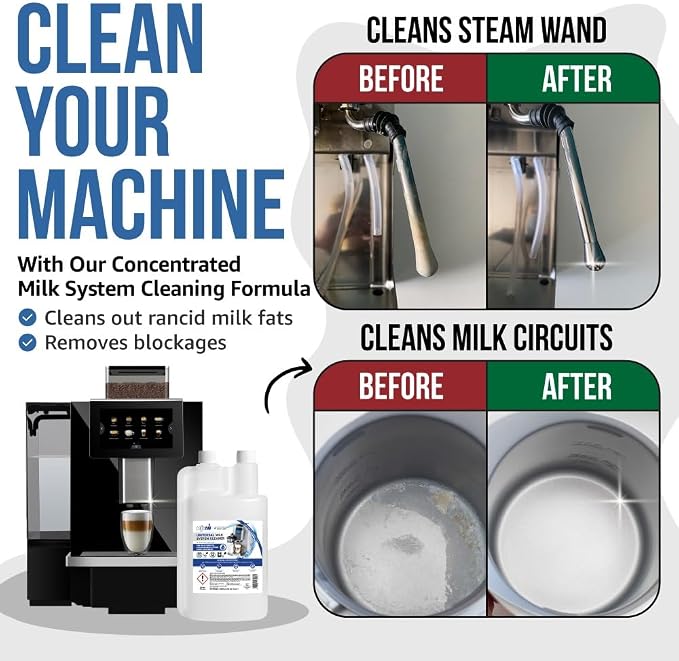 Caffenu Universal Milk System Cleaner β Professional Alkaline Liquid for Coffee Machines β Sanitizes & Removes Milk Blockage from Steam Wands & Automatic One-Touch Circuits β 1L (33.81 fl oz)