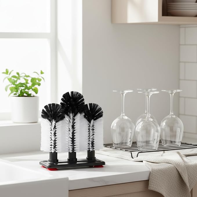 Havawish 1 Pack Water Bottle Cleaning Brush with Suction Base, 3 Head Bristle Bar Glass Washer for Sink, Washer Brush Cleaner for Bar Beer Cup, Wine Glass, Long Leg Cup Kitchen Tools