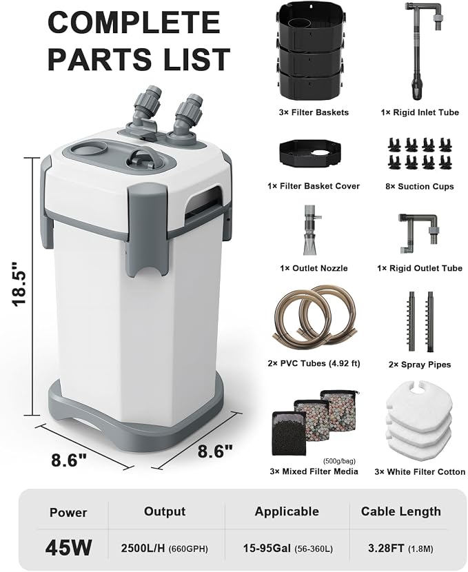 2500L/H Performance Ultra-Quiet Canister Filters for Aquarium, Multiple Bio-Function External Fish Tank Filter with Self-Priming and 3-Way Flow Control Water Circulation Cleaning Machine for 15-95Gal