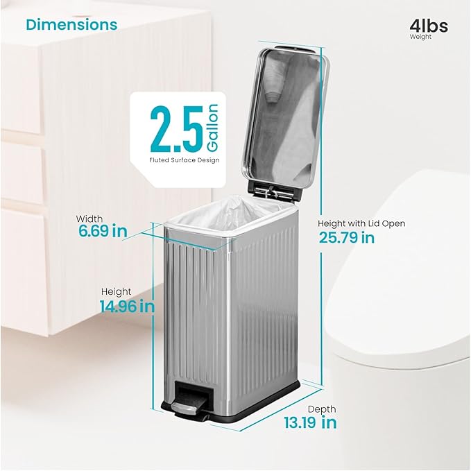 Home Zone Living 3 Gallon Small Trash Can with a Lid and Step Pedal, Stainless Steel with Slim Ribbed Design for Home and Office, Silver, 10 Liters