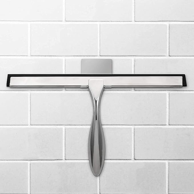 Simtive 12-Inch Shower Squeegee (Includes 1 Shower Door Hook and 1 Adhesive Hook), Shower Door Hooks (2-Pack), Both Silver, 2 Item Bundle