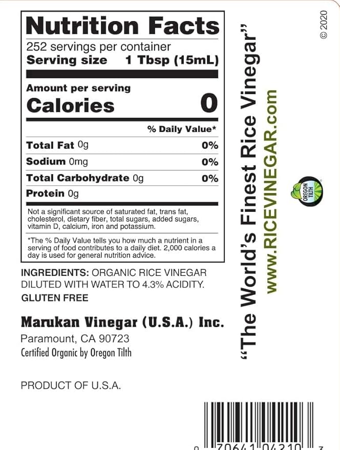 Marukan Organic Unseasoned Rice Vinegar for Enhancing Flavor & Cooking, USDA Organic, Marukan Rice Vinegar (1 Gallon, 2-pack)