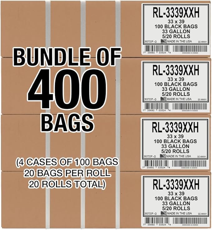 Aluf Plastics T-Tough Roll Pack Low Density Repro Blend Star Seal Coreless Rolls Bag, 33 Gallon 2 Mil, 39" Length x 33" Width, XXH Strength, Black (Pack of 400)