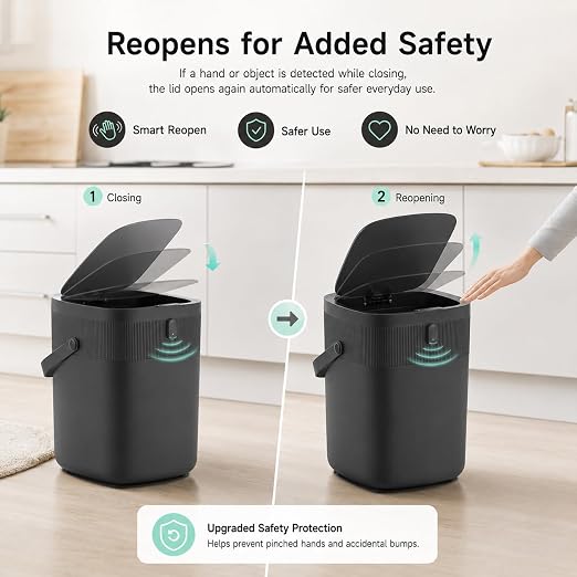 WM-DZT-12-36S Smart Motion Sensor Trash Can, Ultra-Quiet Soft-Close | Long Battery Life | Built-in Bag Storage & Portable PU Handle (Black)