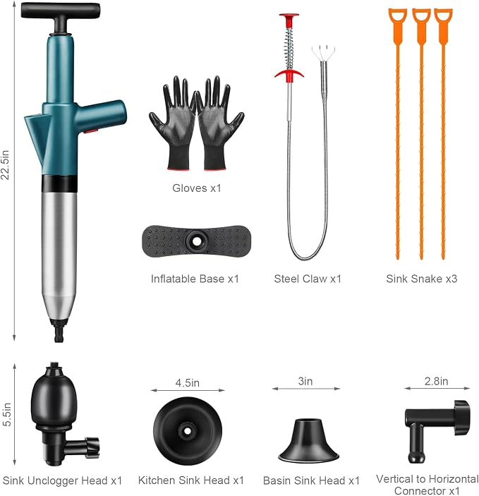 Toilet Plunger Drain Clog Remover: High Pressure Air Drainage Blaster Gun Clog Remover Tool- Stainless Steel Air Plunger for Bathroom, Sink, Floor, Kitchen Clogged