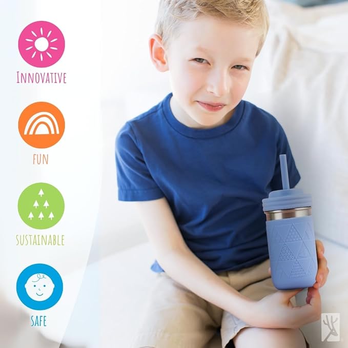 Elk and Friends 14oz Stainless Steel Kids + Toddler Drinking Cups | The Original Mason Jar with Sleeves + Lids | Silicone Straws | Smoothies | Storage Jar | Spill Resistant | Dishwasher Safe | 4 Pack