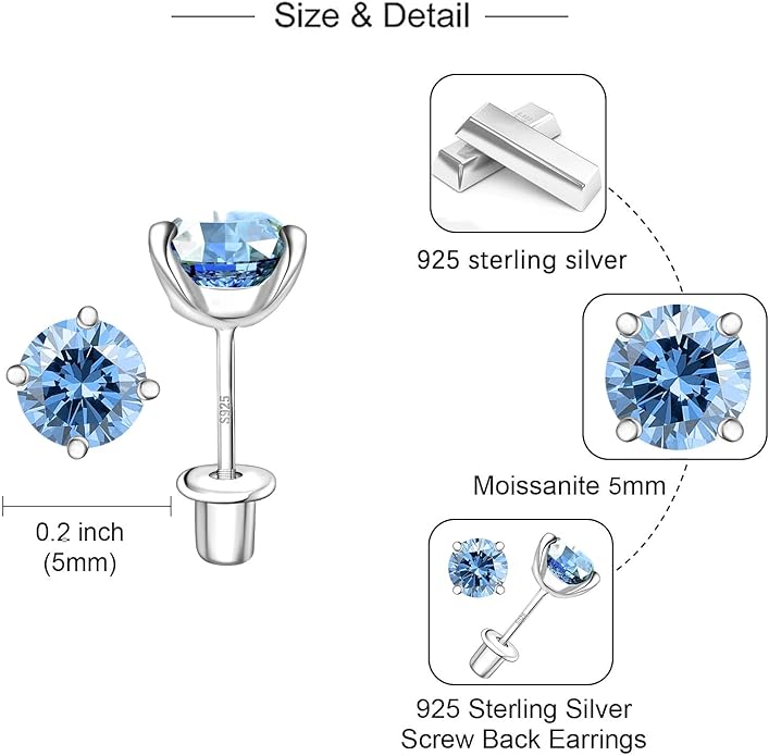 Moissanite Screw Back Earrings Studs - 0.2CT-4CT Moissanite Earrings for Women 925 Sterling Silver Piercing Real Colorful Moissan Hypoallergenic Jewelry Ear Stud Gifts