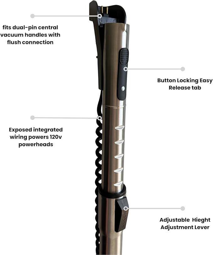 Wessel-Werk Telescopic Central Vacuum Wand with Cord Management, Stainless Steel Construction, Compatible with Electric Powerheads and Standard Gas Pump-Style Hose Handles (Exposed Integrated Wiring)