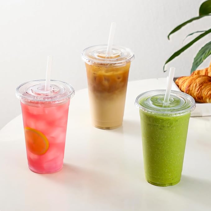 AOZITA [100 Sets 12 oz Clear Plastic Cups With Lids and Straws, Disposable Cups With Lids for Iced Coffee, Smoothie, Milkshake and Cold Drinks.