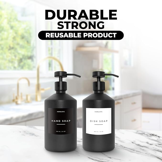 Luxury Glass Soap Dispenser Set of 2 - Elegant Black Glass Bottles with Matte Black Pumps, Ideal for Kitchen and Bathroom for Hand and Dish Soaps