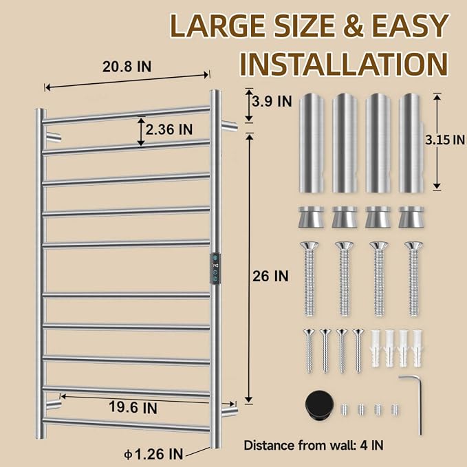 Towel Warmers for Bathroom, Heated Towel Rack Large, Smart Timing & Temperature Control, 10 Bar Racks, Stainless Steel, Plug-in, Fast Heating, Brushed Nickel