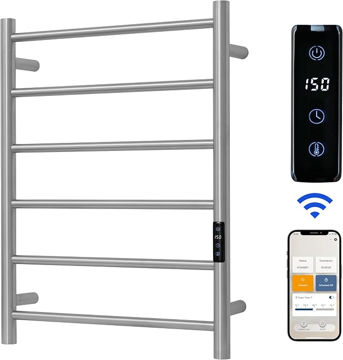 Electric Towel Rack with Voice Control for Alexa & Google Home,TUYA-Wall-Mounted Bathroom Heating Towel Warmer,Plug-in,26.77x20.47x4.39in,Stainless Steel Material,Brushed,6 Bars