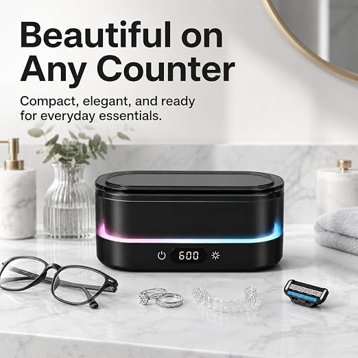 Ultrasonic Cleaner for Jewelry, Glasses & Retainers, 48kHz Sonic Cleaning Machine with LED Ambient Light, Digital Timer, Quiet Deep Cleaner for Rings, Dentures & Watches(Black)