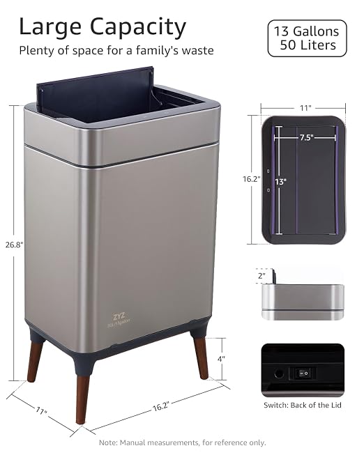 Automatic Trash Can Touchless 13 Gallon / 50L, Motion Sensor Trash Can with USB Rechargeable, Butterfly Soft-Close Lid & Ozone Sanitizing, Automatic Garbage Can for Kitchen (Includes 240 Trash Bags)
