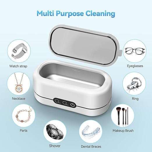 Ultrasonic Jewelry Cleaner - 48KHz Ultrasonic Cleaner Machine for Jewelry, Eyeglasses, Rings, Necklaces, Watch Strap, Makeup Brush, Dual Cleaning Modes-Brilliant White