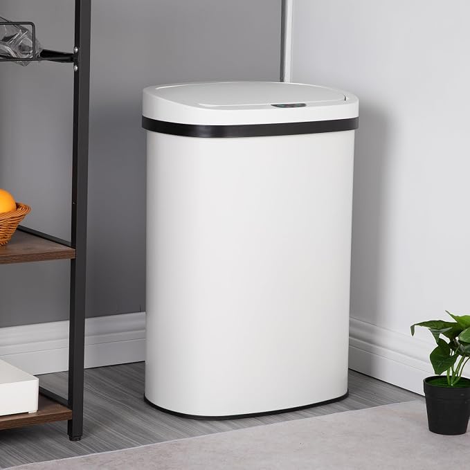 Furniture of America Verbena 13 Gallon Metal Household Trash Can with Motion Sensor Lid for Kitchen, White