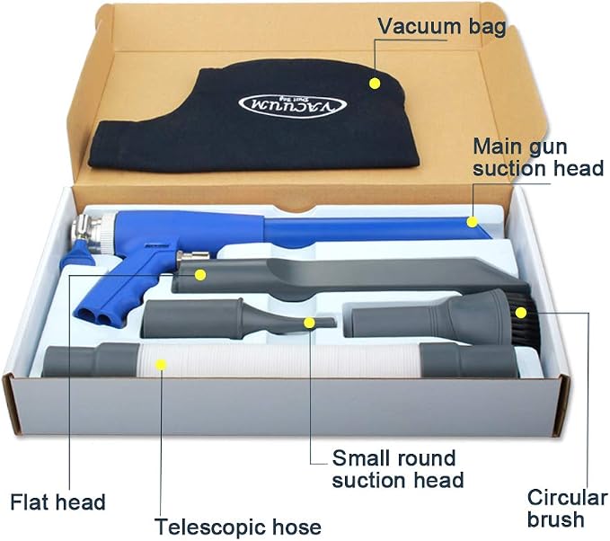SAKAI Air Powered 2 in 1 Function Air Vacuum Kit - Blow Gun & Suction Vacuum Pneumatic Cleaner with 3 Type Tubes and Rotatable Brush