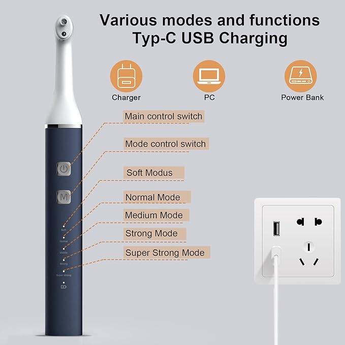 Tooth Polisher and Plaque Remover, Teeth Cleaning Tools for Cleaning and Polishing of Tooth, Dental Cleaning Tools for Brighten and Polish Teeth with 5 Brush Heads, 4 Speed Modes and 3 Polish Pastes
