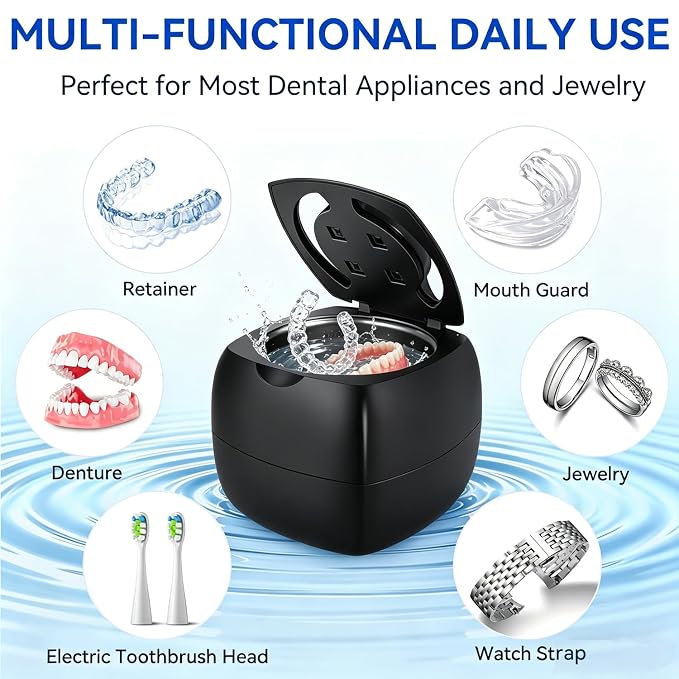 Ultrasonic Retainer Cleaner Machine, 340ml 48kHz Ultrasonic Cleaner for Retainers, Dentures, Mouth Guard & Jewelry,4 Cleaning Modes, Large Capacity Tank,Portable Quiet Design with UV Light,Black