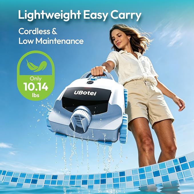 Cordless Robotic Pool Vacuum UBoter E10, Dual-Layer Filtration, Powerful Edge Corner Cleaning, 120β150 Mins Runtime, Auto Parking, No Debris Leakage, for Above Ground Flat Bottom Pools Up to 860 Sq.Ft
