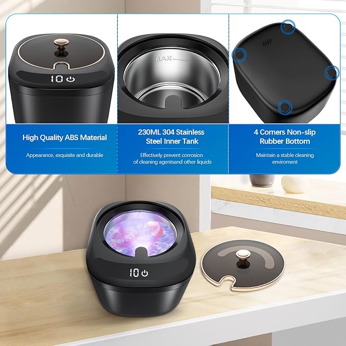 Ultrasonic Retainer Cleaner Machine - Raccomb 45kHz LED Light Ultrasonic Cleaner for Dentures, Aligner, Mouth Guard, Night Guard Cleaner, 230mL Sonic Cleaning Machine for Jewelry, Dental Appliances