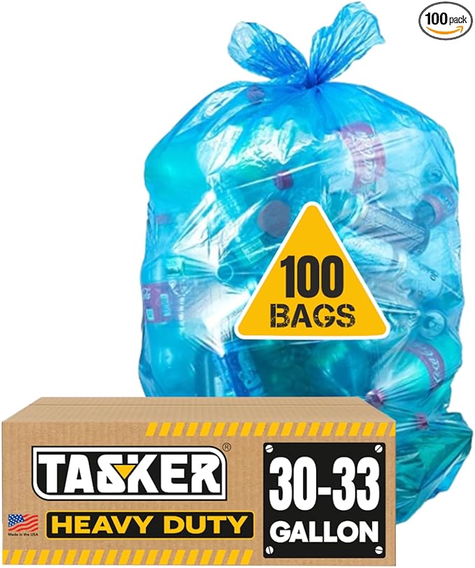 32-33 Gallon Recycling Bags Heavy Duty (MegaValue Pack 100 Bags w/Ties) Blue Recycling Bag 30-33 Gallon, Blue Trash Bag 30 Gallon - 33 Gallon Garbage Bag