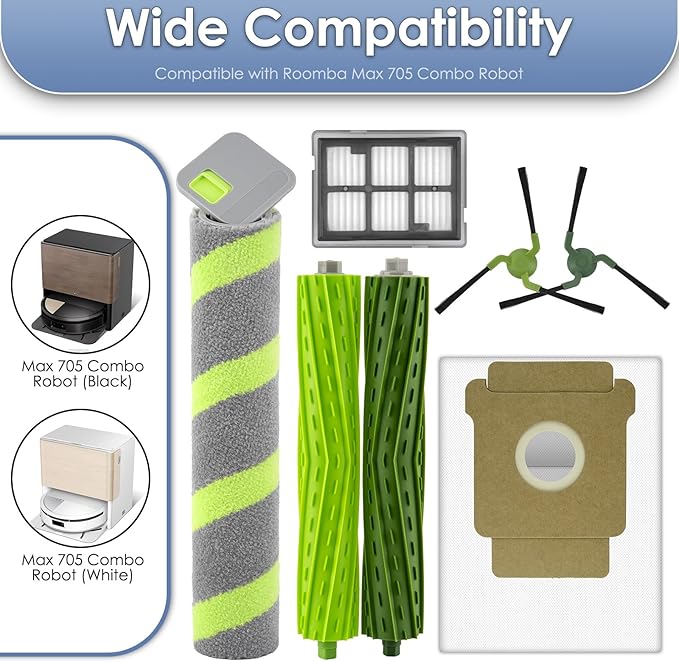 (15 Pack) Max 705 Combo Replacement Parts Compatible with iRobot Max 705 Combo Robot Vacuum, 2 Roller Brushes, 1 Roller Mop, 4 HEPA Filters, 4 Dust Bags, 4 Side Brushes, Accessories Kit