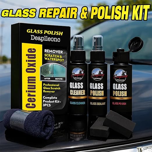 Cerium Oxide Glass Polishing Kit, Windshield Glass Scratch Remover - Restores Clarity & Removes Wiper Marks, Swirls, Water Spots - Complete DIY Kit
