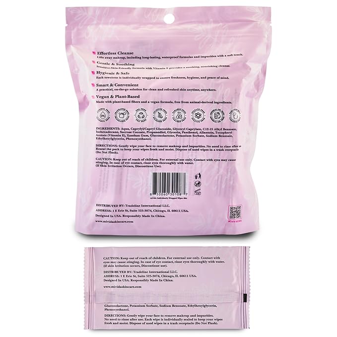 mivida 40 Count Hypoallergenic makeup wipes individually wrapped with Vitamin E | Dermatologist Tested Face Wipes | Alcohol-Free, Fragrance Free individual makeup remover wipes for Sensitive Skin